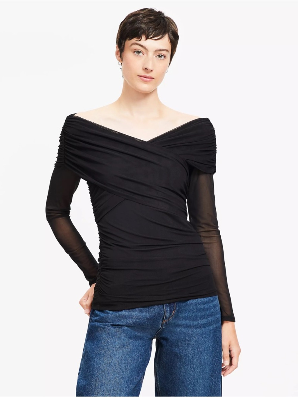 LOFT Black Off-Shoulder Ruched Long Sleeve Top